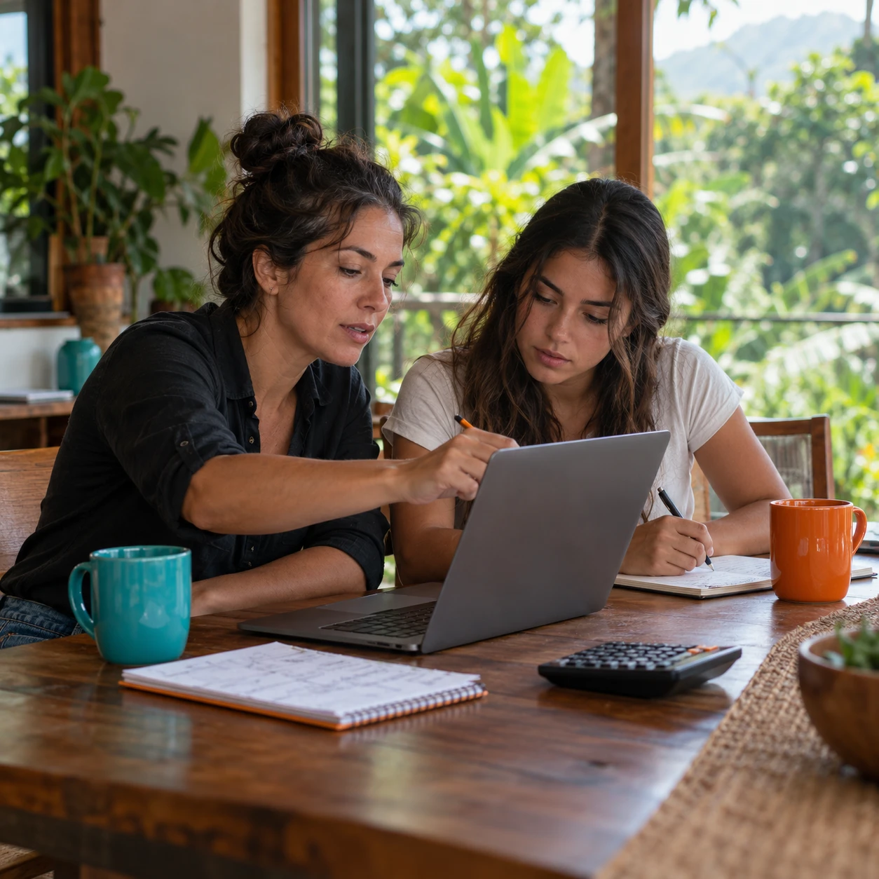 Dos personas de distinta edad revisando juntas los números de un presupuesto